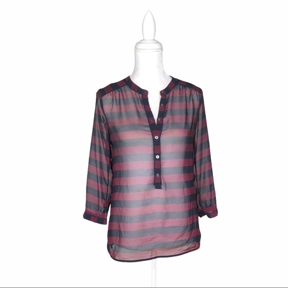 Banana Republic sheer wine navy stripe top blouse v-neck long sleeves XS - Picture 1 of 15